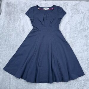 Boden Fit & Flare Pleated Dress Womens 6 Knee Length Short Sleeve Side Zip Blue